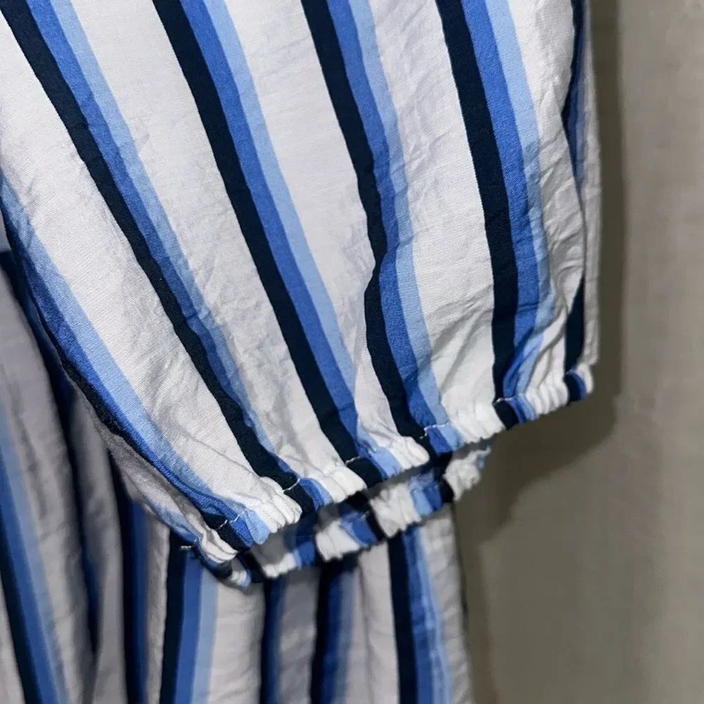hester & orchard L White Blue Stripe Baby Doll Front Ties Quarter Sleeve Blouse - Picture 5 of 10